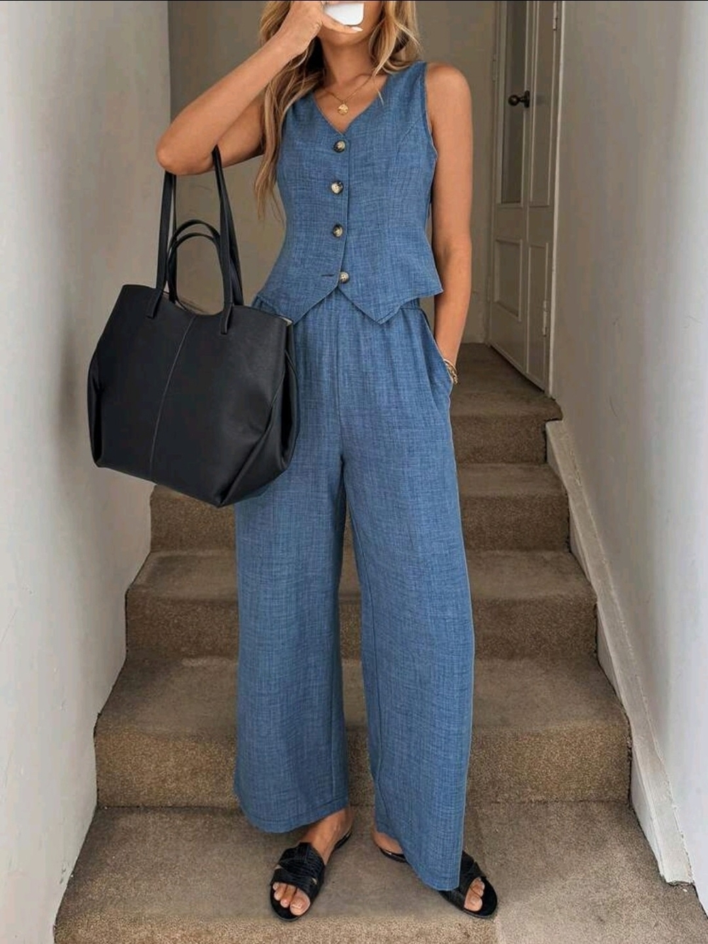 Sleeveless Button-Front Wide-Leg 2 Piece Set in Blue